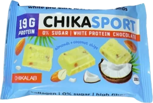 Protein white chocolate with almonds and coconut chi